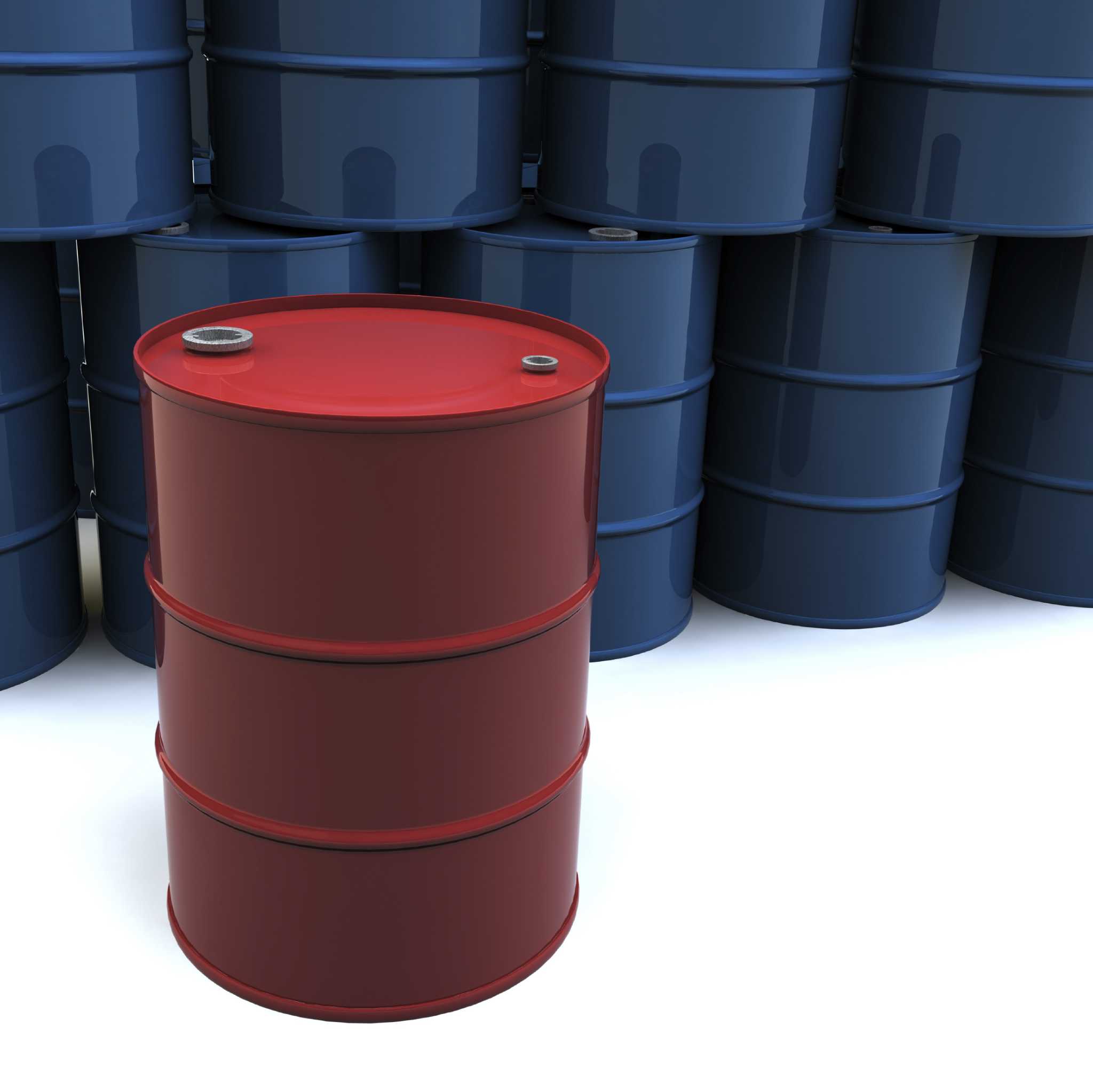 A stack of blue oil barrels with one red barrel. 3D rendering with raytraced textures and HDRI lighting. Attached file by mark evans -- purchased from istockphoto.com OIL DRUM BARREL